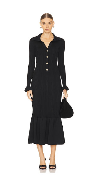 Chic Black Ribbed Knit Fluted Midi Dress