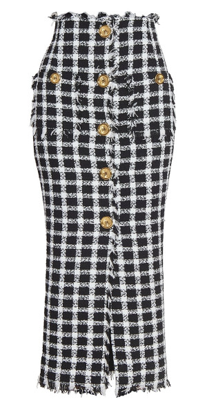 Balmain - Women's Vichy Fringed Tweed High-Rise Midi-Skirt