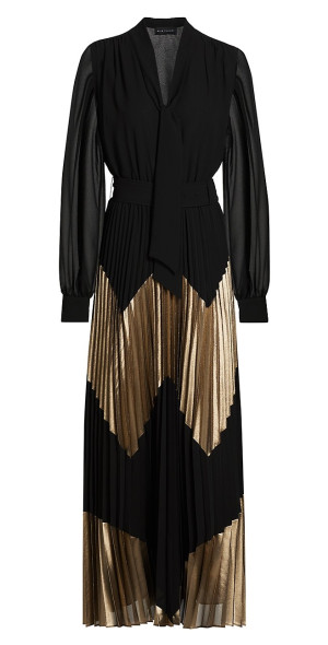 elie tahari carrie gilded pleated maxi dress The Carrie Gilded Pleated Long Sleeve Maxi Dress In Noir And Gold