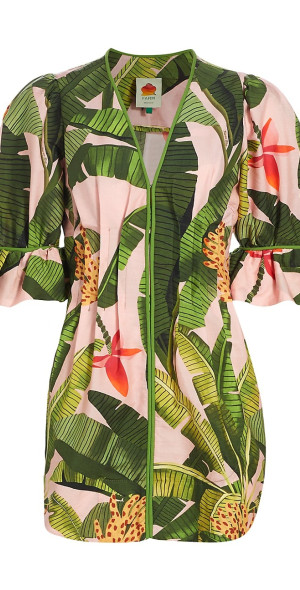 green emerald velvet dress Farm Rio Monstera Linen Midi Dress in Multi
