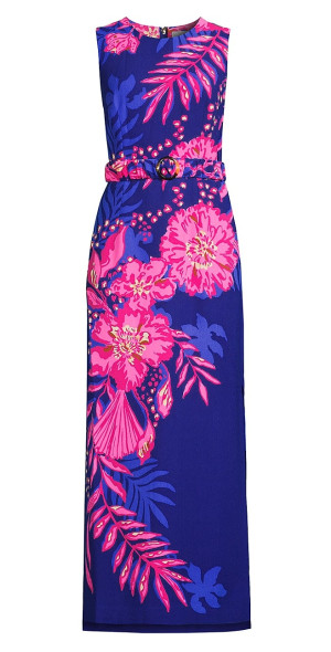 knee length dresses for ladies Daphne High Slit Eyelet Detail Maxi Dress in Blue/White Floral