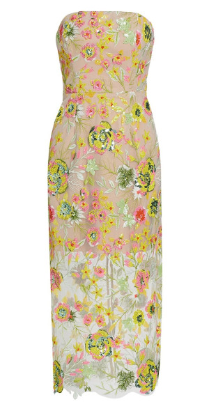 milly kait floral embroidered dress Milly Kait Strapless Tiled Lace Midi-dress