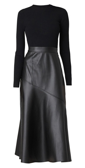 shoshanna black leather dress Hunter Black Knit & Faux-Leather Studded Mini Dress XL / Black