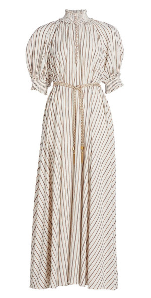 chinese dress ladies Arabella Linen Blend Dress-Pink, Rich Emerald Stripe