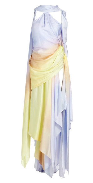 zimmermann harmony silk scarf maxi-dress Sold)Crafted of gradient silk, Zimmermann's Harmony scarf midi-dress features a dramatic draped silhouette. An open back and a handkerchief hem with a thigh-high slit finish this romantic style. * Halterneck * Open