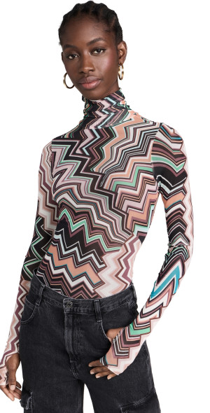 AFRM - Zadie Mesh Long Sleeve Turtleneck Top ABSTRACT ZIG ZAG XXS