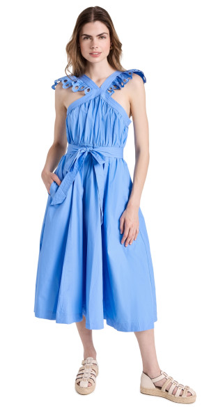 en saison blue dress En Saison Floral Print Linen Midi Dress Blue