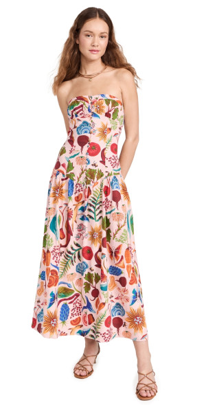 farm rio x anthropologie linen blend strapless drop-waist maxi dress Farm Rio x Anthropologie Linen Blend Strapless Drop-Waist Maxi Dress Size XS