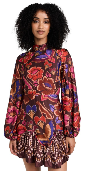 FARM Rio - Bright Flora Brown Long Sleeve Mini Dress BRIGHT FLORA BROWN XXS
