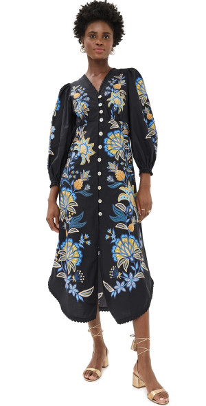 farm rio black embroidered dress Farm Rio Black Cross Stitch V Neck Dress
