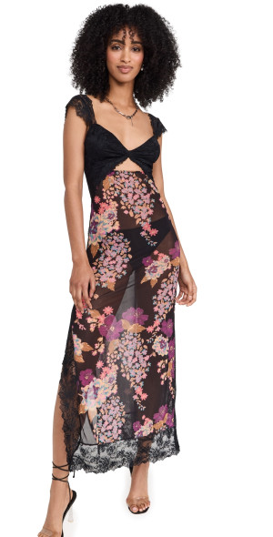 midi dress inner Lace Trim Sculpting Floral-Print Midi Dress