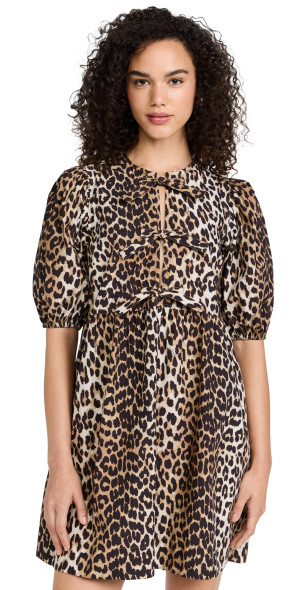 GANNI - Cotton Poplin Tie String Mini Dress Leopard 38