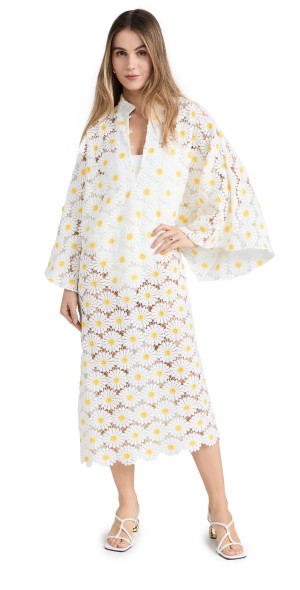 La Vie Style House Daisy Lace Caftan White Yellow One Size