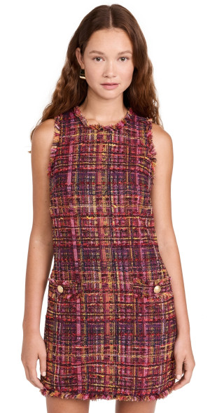 open lace back dress Baby Pink Tweed Plaid Metallic Stitching Short Dress