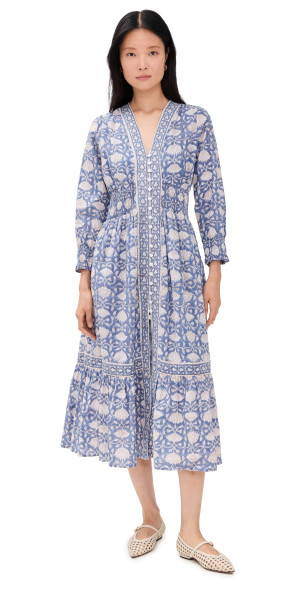 blue francesca's dress Laura Floral Tiered Midi Relaxed fit Francesca Satin Midi Dress Blue