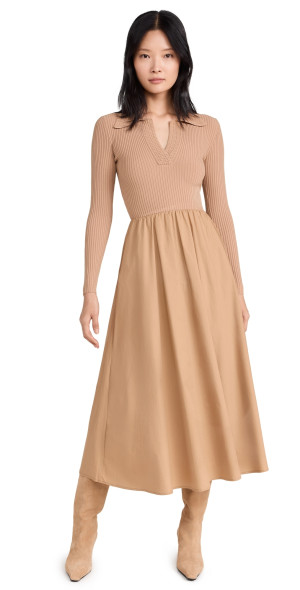 chinese dress ladies Long Sleeve Collared Twofer Sweater Dress In Champagne Blush Black main image 1