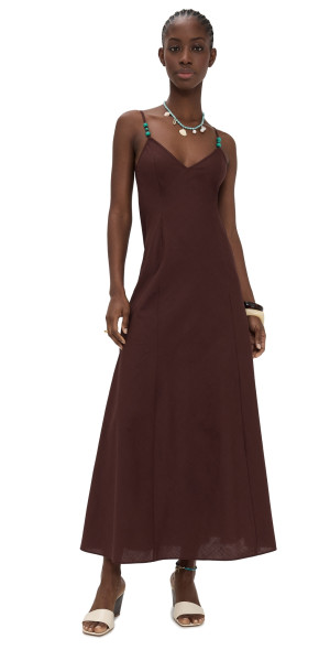 lanthea maxi dress Anthea Beige Floral Long Dress with Scalloped Straps