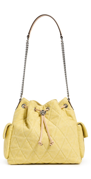 Tory Burch Charlie Quilted Denim Drawstring Shoulder Bag Yellow