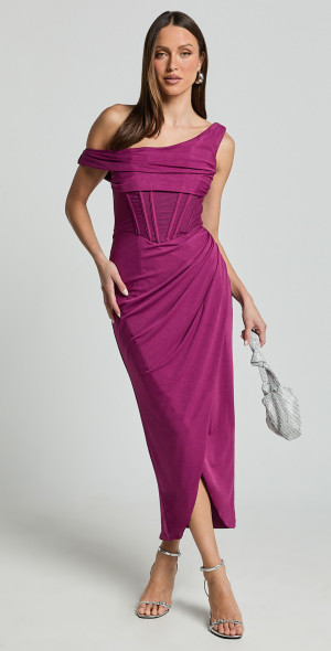 Showpo - Aidia Midi Dress - One Shoulder Draped Corset Dress in Plum
