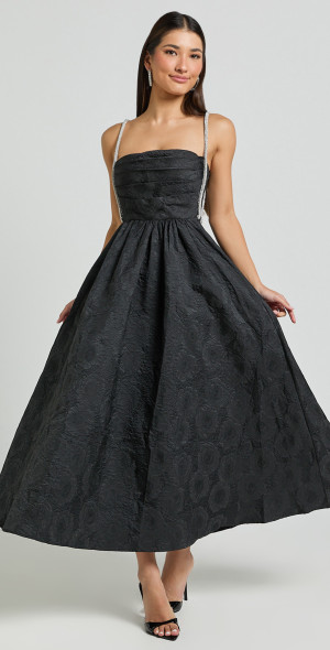 Showpo - Alvia Midi Dress - Diamante Strap Ruched Straight Neck Dress in  Black