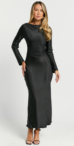 Showpo - Arriana Midi Dress - Long Sleeve Cowl Back Satin Dress in Black