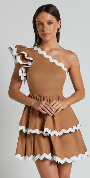 Showpo - Bette Mini Dress - One Shoulder Ruffle Detail Layered Dress in  Tobacco