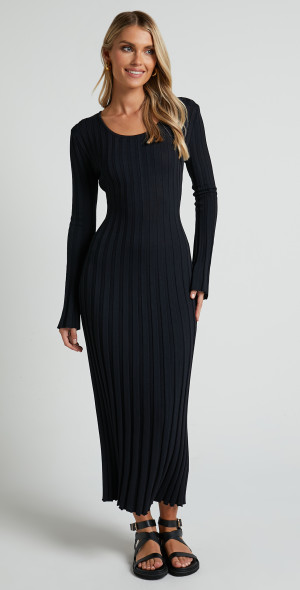 slim fit dress slacks Klaudia Ruched Long Sleeve Midi Dress Black / Standard / 2 main image 1