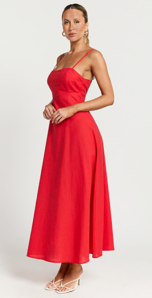 Showpo - Brette Midi Dress - Linen Look Straight Neck Strappy Fit And Flare  Dress in Red