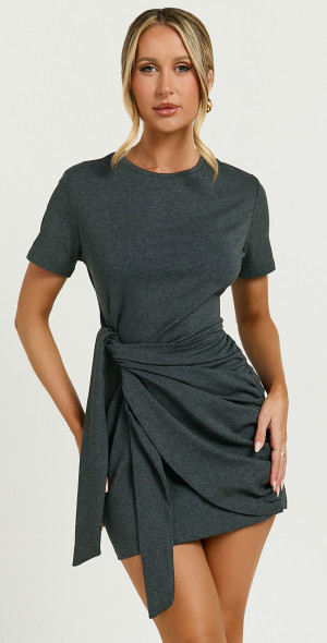 showpo grey dress Satin Cowl Halter Neck Mini Dress