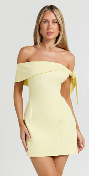 Showpo - Cecilia Mini Dress - Off Shoulder Tie Detail Dress in Lemon Showpo - Cecilia Mini Dress - Off Shoulder Tie Detail Dress in Lemon