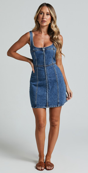 Showpo - Chrysoula Mini Dress - Square Neck Zip Front Sleeveless Bodycon Denim in Mid Blue Wash Showpo - Chrysoula Mini Dress - Square Neck Zip Front Sleeveless Bodycon Denim in Mid Blue Wash