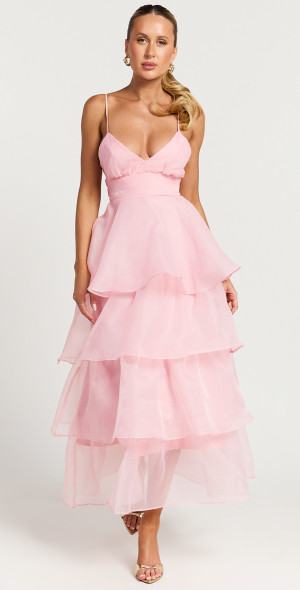 layered chiffon dresses Women's Pink & Orange V-Neck Bishop Floral Layered Chiffon Maxi Dress main image 1