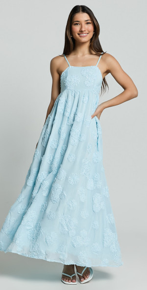 Showpo - Claya Maxi Dress - Sleeveless Straight Neckline Floral Detail Dress  in Pale Blue
