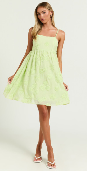 Showpo - Claya Mini Dress - Sleeveless Straight Neckline Floral Detail Dress  in Lime