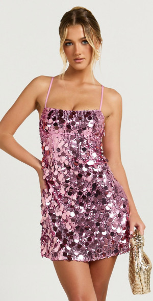 Showpo - Cleo Mini Dress - Circle Sequin Mini Dress in Pink