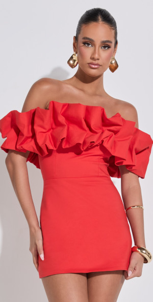 Showpo - Coraline Mini Dress - Ruffle Off Shoulder Fitted Dress in Red