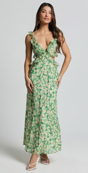 Showpo - Dahlia Midi Dress - Ruffle Details Slip Dress in Green Floral