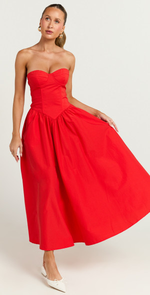 strapless red midi dress Eden Strapless Maxi Dress