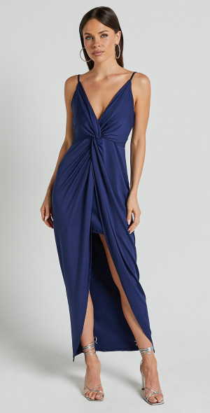 Showpo - Dominique Midi Dress - V Neck Twist Front Jersey Dress in Navy
