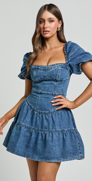 white christmas dresses Denim Wavy Cut-Out Puff Sleeve Mini Dress main image 0