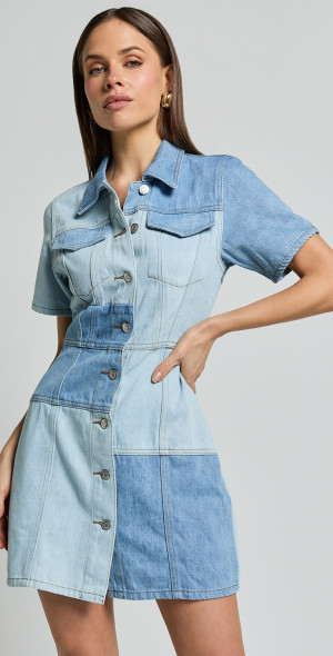 Showpo Gladys Mini Dress Short Sleeve Patchwork Denim Dress in