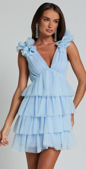 Showpo - Hayden Mini Dress - Low Back Tulle Tiered Dress in Light Blue