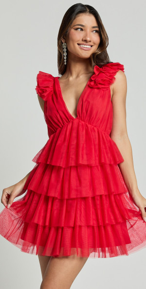 showpo red mini dress Bijou Mini Dress - Halter Low Cowl Gathered Bodycon Dress in Dark Red