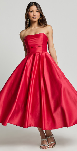 Showpo - Helaina Midi Dress - Strapless A-Line Satin Dress in Red