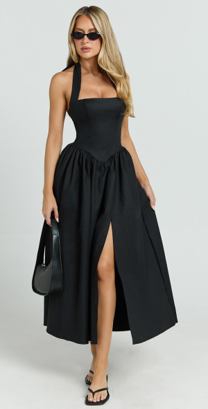 Showpo - Helda Midi Dress - Halter Tie Neck Corset Panel Dress in Black