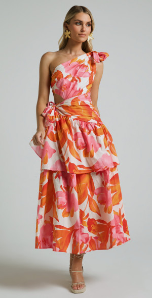 knee length dresses for ladies Asymmetric Ruched Side One Shoulder Cut Out Midi Dress Orange main image 1