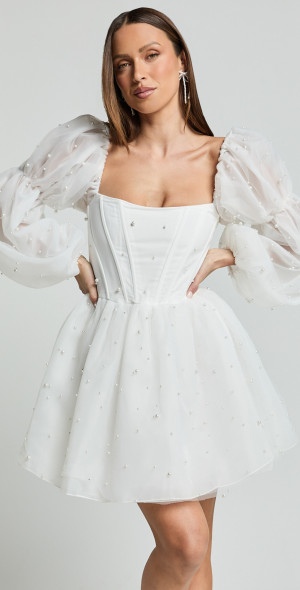 Showpo - Ingrid Mini Dress - Long Puff Sleeve Pearl Detail Dress in White Showpo - Ingrid Mini Dress - Long Puff Sleeve Pearl Detail Dress in White
