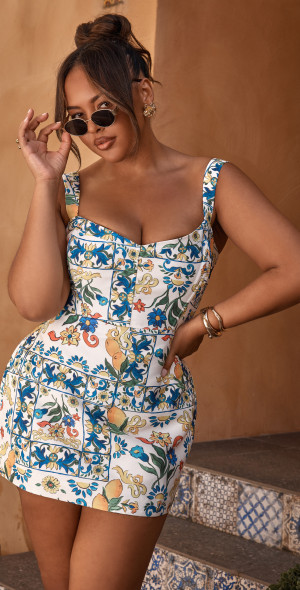 Showpo - Janice Mini Dress - Square Neckline Dress in Positano Print