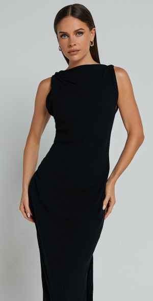 Showpo - Jessenia Maxi Dress - Linen Look High Neck Dress in Black