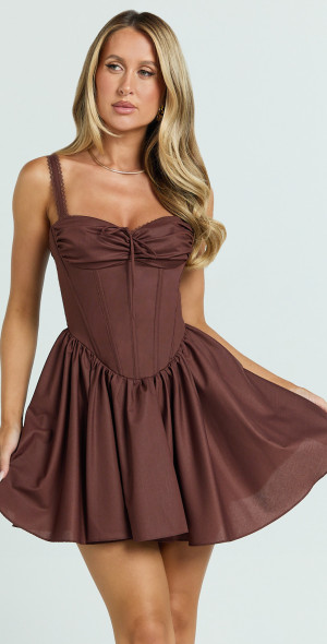 Showpo - Jonas Mini Dress - Corset Ruched Lace Trim Dress in Chocolate